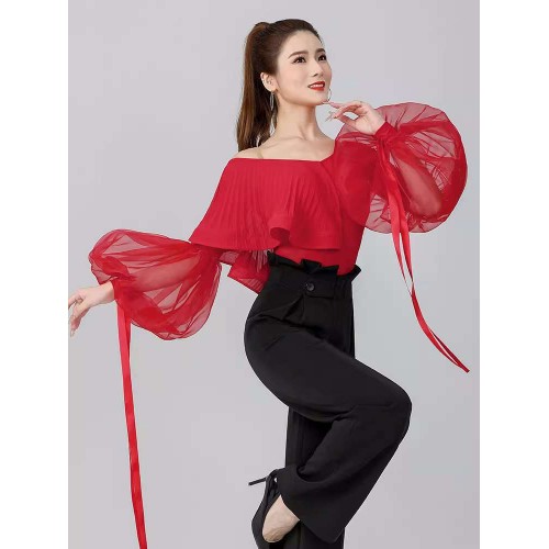 Black red neon green ballroom latin dance tops for women girls slant neck long lantern sleeved shirts waltz tango flamenco dancing bodysuit leotard tops